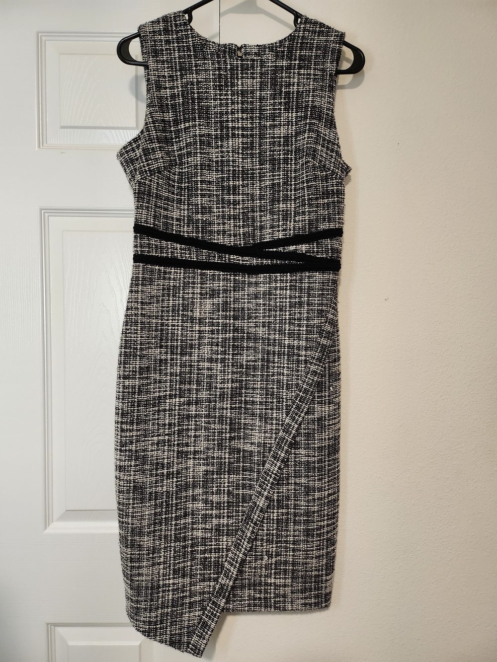 Tommy Hilfiger Black White Tweed Asymmetrical Faux Wrap Sheath Dress